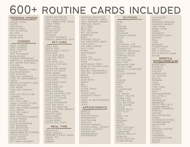 May include: A colorful chart with the title "600+ Routine Cards Included". The chart lists various daily routines and activities, categorized as Personal Hygiene, Chores, Pet Care, Meal Time, Prepare Breakfast, Outings, and Sports & Extracurricular.
