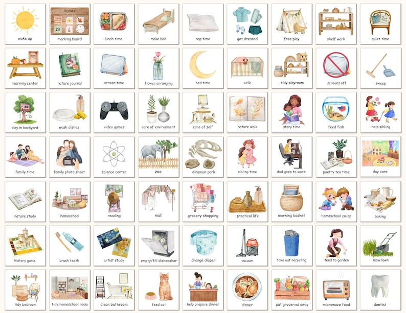 May include: A set of 36 watercolor illustrated cards depicting various daily activities for children. The cards feature a variety of activities, including playing in the backyard, washing dishes, reading, and helping siblings. The cards are perfect for use in a classroom or at home.