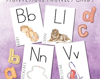 May include: Montessori phonics cards featuring the letters B, L, N, and V. Each card displays a letter with a corresponding image: a baby, a lion, a necklace, and a vacuum. Additional letter cutouts are also present.