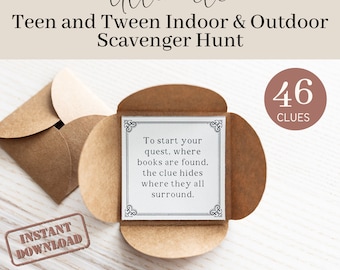 May include: A brown envelope with a white card inside. The card has a decorative border and the text "To start your quest, where books are found. The clue hides where they all surround."  The envelope is labelled "Instant Download".  The image also includes a brown circle with the text "46 Clues".