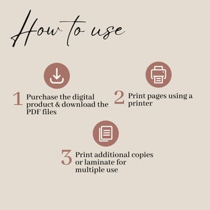 K&ouml;nnte beinhalten: Eine dreistufige Anleitung zur Verwendung eines digitalen Produkts. Die Schritte sind: 1. Kaufen Sie das digitale Produkt und laden Sie die PDF-Dateien herunter. 2. Drucken Sie die Seiten mit einem Drucker. 3. Drucken Sie zus&auml;tzliche Kopien oder laminieren Sie sie f&uuml;r die mehrfache Verwendung.
