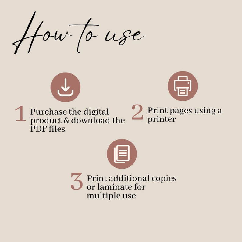 K&ouml;nnte beinhalten: Eine dreistufige Anleitung zur Verwendung eines digitalen Produkts. Die Schritte sind: 1. Kaufen Sie das digitale Produkt und laden Sie die PDF-Dateien herunter. 2. Drucken Sie die Seiten mit einem Drucker. 3. Drucken Sie zus&auml;tzliche Kopien oder laminieren Sie sie f&uuml;r die mehrfache Verwendung.