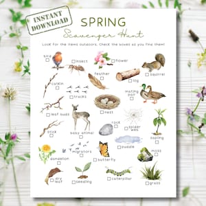May include: A printable spring scavenger hunt checklist with illustrations of items to find outdoors, such as a bird, a flower, a squirrel, a nest, a caterpillar, and a dandelion.