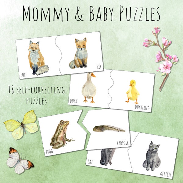 Mommy Baby Animal Match SPRING Self-Correcting Montessori Puzzles, Printable Digital Download, Nature Study Preschool Activities