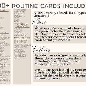May include: A beige and brown printable card set with the text "600+ Routine Cards Included" and a list of holidays and events. The cards are designed for moms, teachers, and homeschoolers. The text "Moms" and "Teachers" is written in cursive.