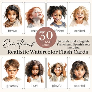 Kids Emotions Flashcards | Large Montessori Feelings Cards | Printable Emotions for Toddlers and Preschoolers in English, Spanish and French