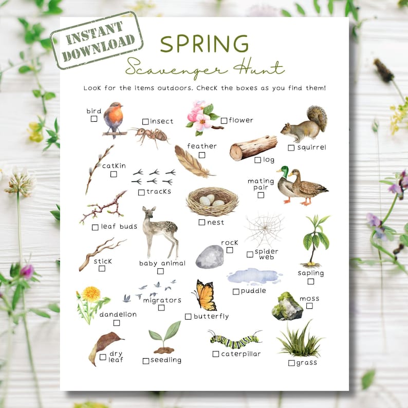 May include: A printable spring scavenger hunt checklist with illustrations of items to find outdoors, such as a bird, insect, flower, catkin, tracks, feather, nest, log, mating pair, leaf buds, baby animal, rock, spider web, stick, sapling, puddle, migrators, moss, dandelion, butterfly, dry leaf, seedling, caterpillar, and grass.