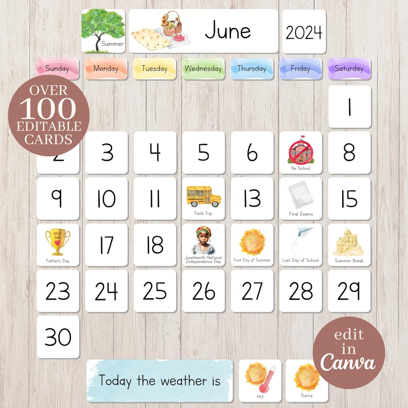 Op de afbeelding: Een juni 2024-kalender met kleurrijke illustraties voor elke dag. De kalender bevat evenementen zoals Vaderdag, Juneteenth, de eerste dag van de zomer en de laatste schooldag. De kalender bevat ook een weerssectie met pictogrammen voor warm en zonnig.