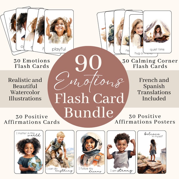 Kids Emotions Flashcards Bundle | Large Feelings Cards | Printable Emotions, Calming Corner and Positive Affirmations Cards for Kids