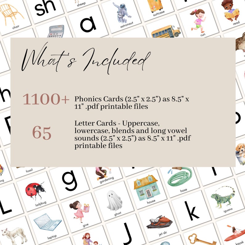 Peut inclure: Un fond beige avec le texte "What's Included" en texte brun. Sous le texte, deux nombres&nbsp;: 1100+ et 65. Le texte "Phonics Cards (2.5" x 2.5") as 8.5" x 11" .pdf printable files" est sous le nombre 1100+. Le texte "Letter Cards - Uppercase, lowercase, blends and long vowel sounds (2.5" x 2.5") as 8.5" x 11" .pdf printable files" est sous le nombre 65. Le fond est de couleur beige clair.
