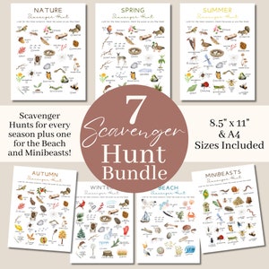 May include: A set of 7 printable scavenger hunt checklists for different seasons, including nature, spring, summer, autumn, winter, beach, and minibeasts. The checklists are illustrated with watercolor drawings of various animals, plants, and objects. The text "7 Scavenger Hunt Bundle" is displayed in a large font on a pink circle.