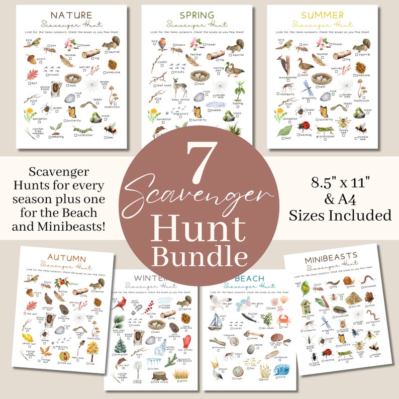 May include: A set of 7 printable scavenger hunt checklists for different seasons, including nature, spring, summer, autumn, winter, beach, and minibeasts. The checklists are illustrated with watercolor drawings of various animals, plants, and objects. The text "7 Scavenger Hunt Bundle" is displayed in a large font on a pink circle.