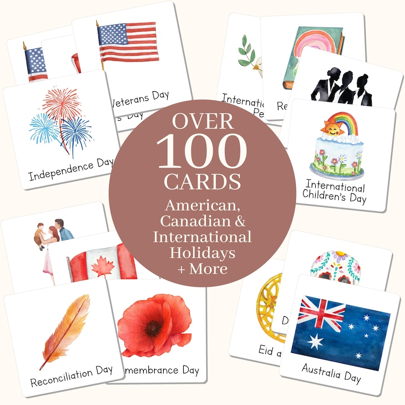 Op de afbeelding: Meer dan 100 kaarten met Amerikaanse, Canadese en internationale feestdagen. De kaarten zijn ge&iuml;llustreerd met aquarel schilderingen van verschillende symbolen en vlaggen, zoals vuurwerk, een klaproos, een veer en een taart.