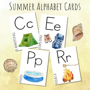 Tarjetas del alfabeto con temática de verano / tarjetas flash de acuarela de Charlotte Mason con temática de Pascua Montessori Waldorf