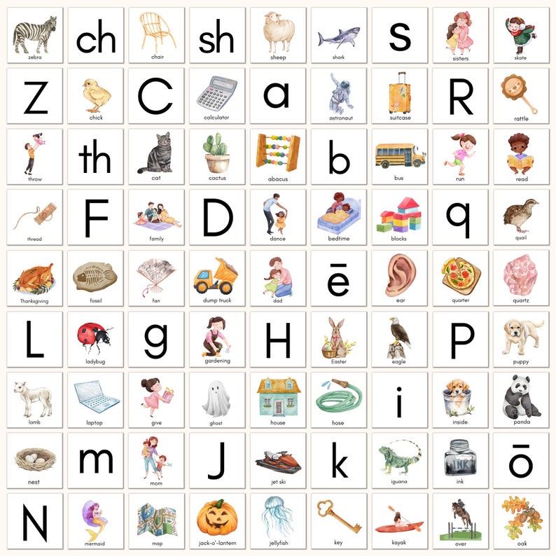 Peut inclure: Un tableau d'alphabet color&eacute; avec des illustrations pour chaque lettre. Le tableau pr&eacute;sente une vari&eacute;t&eacute; d'animaux, d'objets et d'activit&eacute;s, tels qu'un z&egrave;bre, une chaise, un mouton, un requin, un poussin, une calculatrice, un chat, un cactus, un boulier, un bus, une course, une lecture, une caille, une coccinelle, un jardin, un lapin de P&acirc;ques, un aigle, un chiot, un fant&ocirc;me, une maison, un tuyau d'arrosage, un panda, un jet ski, une cl&eacute;, un kayak, un ch&ecirc;ne et une sir&egrave;ne.