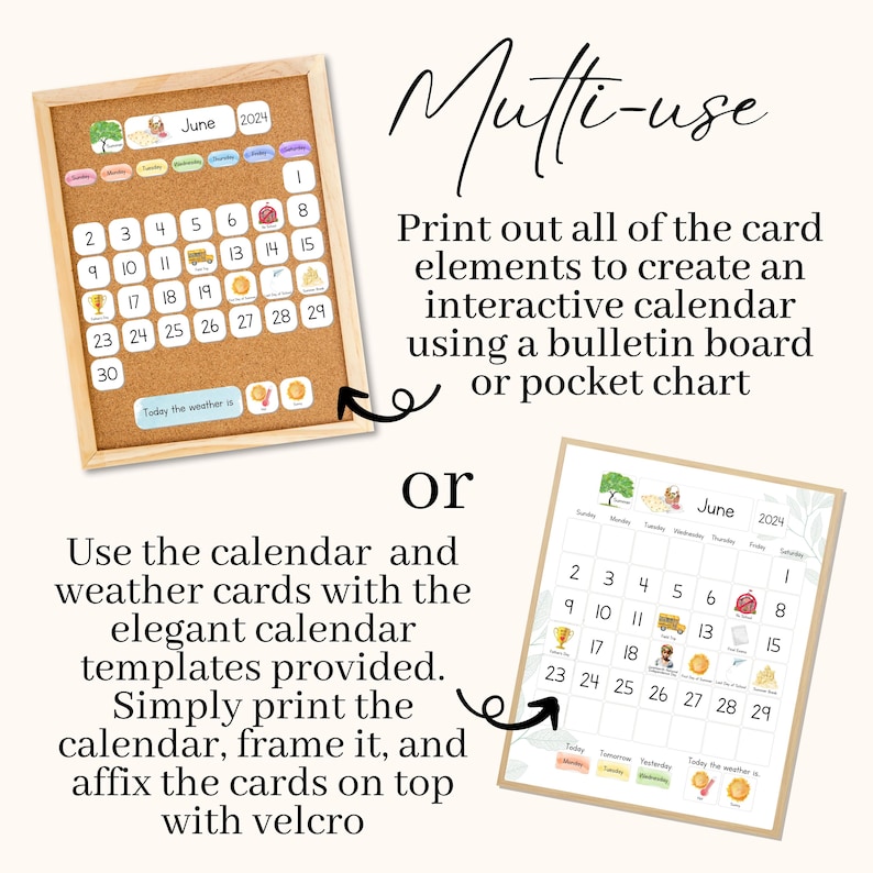 Op de afbeelding: Een printbare juni 2024-kalender met ge&iuml;llustreerde weerkaarten. De kalender is ontworpen voor gebruik met een prikbord of een zakkaart. De kalender heeft een lichtbruine achtergrond met een lichtgroene rand. De weerkaarten bevatten illustraties van een boom, een zon, een wolk en een regendruppel.