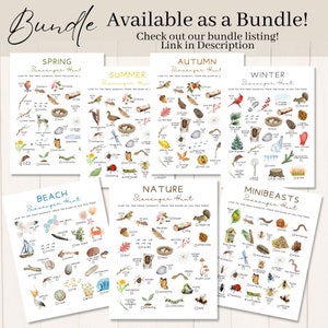 K&ouml;nnte beinhalten: Ein Set mit 6 druckbaren Schnitzeljagd-Karten f&uuml;r Kinder. Jede Karte hat ein anderes Thema: Fr&uuml;hling, Sommer, Herbst, Winter, Strand und Mini-Biester. Die Karten sind mit bunten Aquarellzeichnungen von verschiedenen Gegenst&auml;nden illustriert, die auf einer Schnitzeljagd gefunden werden k&ouml;nnen.
