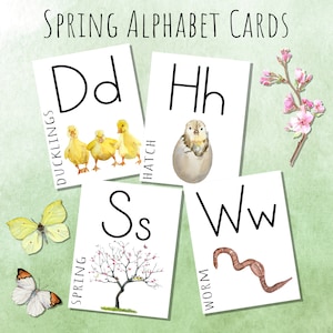 Cartes d'alphabet sur le thème du printemps | Cartes Flash aquarelle Charlotte Mason sur le thème de Pâques Montessori Waldorf