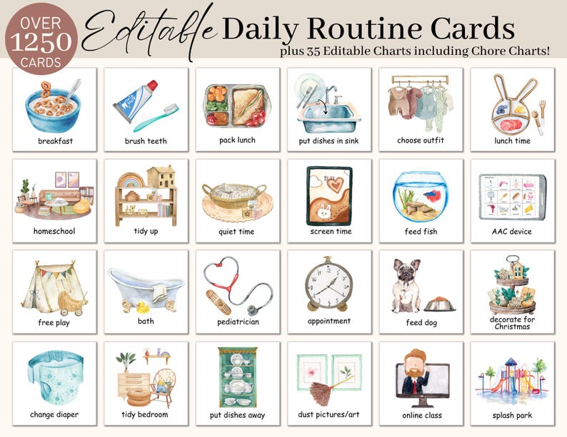 Lunch Routine Card Editable Kids Daily Routine Cards | Daily Visual Schedule | Chore Chart ...