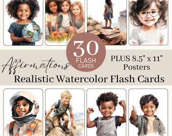 May include: Set of 30 watercolor flash cards featuring children with positive affirmations. The cards are designed to help children build self-esteem and confidence. The set also includes two 8.5" x 11" posters.
