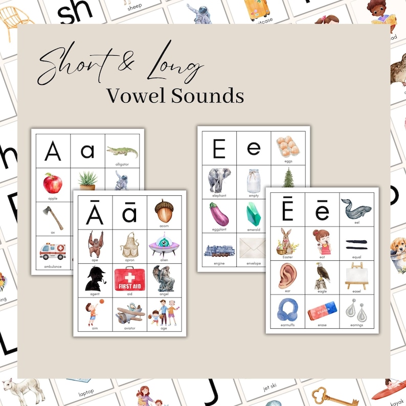Peut inclure: Un ensemble de cartes m&eacute;moire imprimables pour enseigner les sons des voyelles courtes et longues. Les cartes m&eacute;moire pr&eacute;sentent les lettres A et E avec des images et des mots correspondants pour chaque son de voyelle.