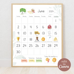 Op de afbeelding: Een printbare juni 2024-kalender met aquarel illustraties. De kalender toont een schoolbus, een strandscherm, een afstudeerhoed en een trofee. De dagen van de week staan bovenaan vermeld en de nummers 1 tot en met 30 staan in de vakjes eronder. De kalender bevat ook een sectie om het weer te noteren.