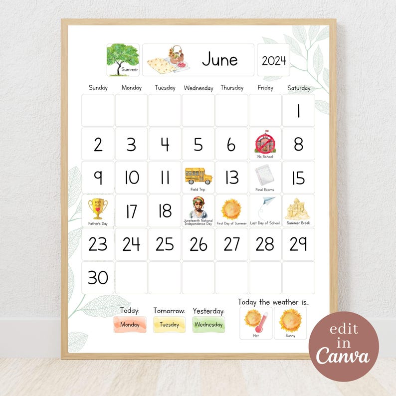 Op de afbeelding: Een printbare juni 2024-kalender met aquarel illustraties. De kalender toont een schoolbus, een strandscherm, een afstudeerhoed en een trofee. De dagen van de week staan bovenaan vermeld en de nummers 1 tot en met 30 staan in de vakjes eronder. De kalender bevat ook een sectie om het weer te noteren.