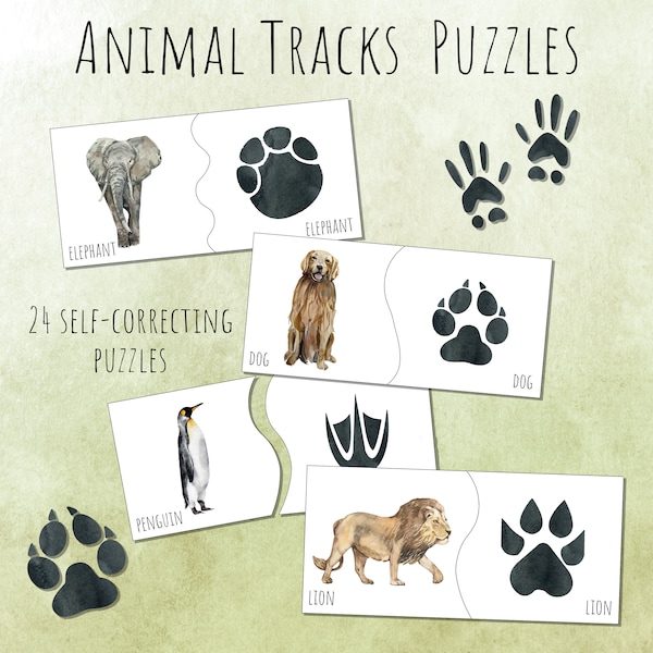 Animal Tracks Match Self-Correcting Montessori Puzzles, Printable Digital Download, Nature Study Preschool Activities