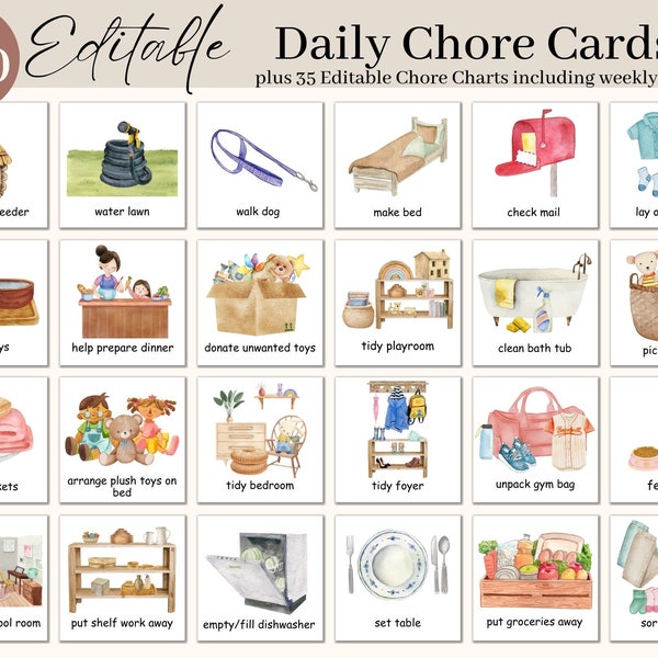 Editable Kids Daily Chore Cards | Daily Visual Schedule | Canva Chore Chart Template for Kids | Printable Daily Rhythm Schedule for Children