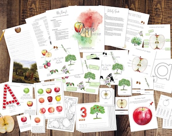 May include: A set of printable educational worksheets for a unit study on apples. The worksheets include activities such as coloring, tracing, and writing. The worksheets feature illustrations of apples, apple trees, and the life cycle of an apple. The worksheets are designed for preschool and kindergarten students.