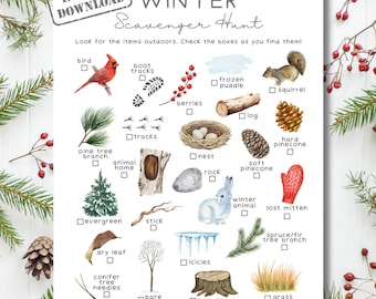 Winter Nature Scavenger Hunt, Winter Unit Study | Printable Outdoor Treasure Hunt for Kids | Camping Games for Children | Preschool Activity