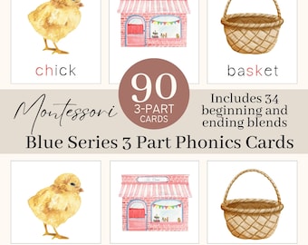 Cartes en 3 parties série bleue Montessori | Listes phoniques | Phonics Montessori à imprimer, activités de lecture, cartes flash pour l'école maternelle à la maison
