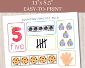 Counting Practice Mat 11" x 8.5" Printable, Counting to 5, Preschool and Kindergarten Math, 5 Frame, 10 Frame with Counters and Tally Marks