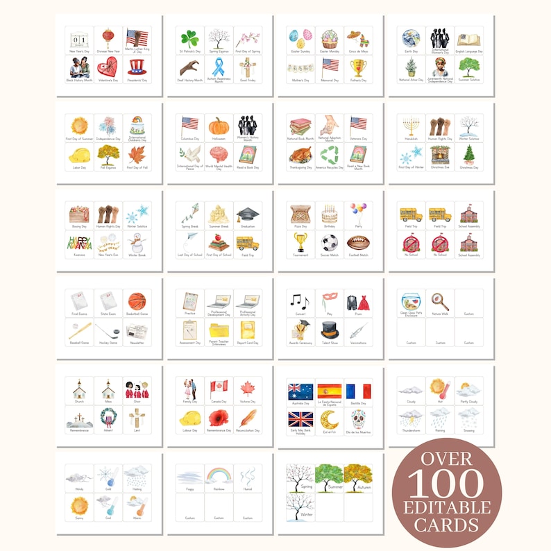 Op de afbeelding: Meer dan 100 bewerkbare kaarten met aquarel illustraties van verschillende feestdagen en evenementen. De kaarten zijn wit met een lichtblauwe rand en bevatten een verscheidenheid aan afbeeldingen, waaronder een sneeuwpop, een schoolbus, een afstudeerhoed, een voetbal, een basketbal, een noot, een kroon, een masker, een aquarium, een kerk, een krans, een vlag, een regenboog en een boom.