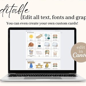 May include: A laptop computer screen displaying a digital image of a set of printable cards for children. The cards feature illustrations of daily tasks and activities, such as getting dressed, putting on shoes, and taking a nap. The text on the screen reads "Daily Tasks and Activities". The laptop is on a white surface. The text "edit in Canva" is on a brown circle in the lower right corner of the image.