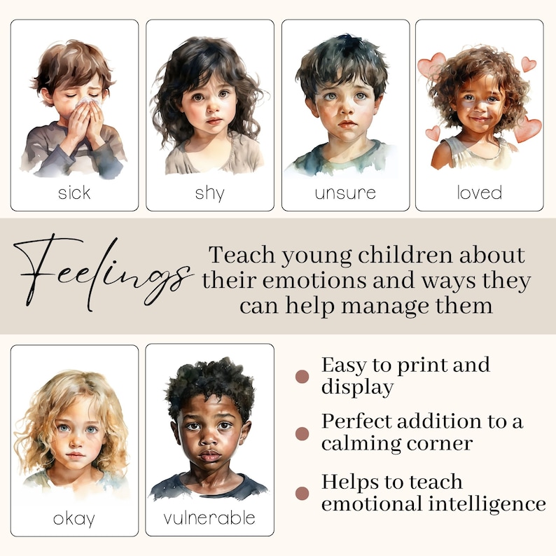 Kids Emotions Flashcards Large Montessori Feelings Cards Printable Emotions for Toddlers and Preschoolers in English, Spanish and French image 4