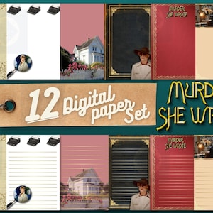May include: A set of 12 digital papers featuring a vintage style design with a typewriter, a house, and the text "Murder, She Wrote".