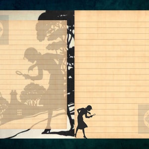 May include: A vintage-style lined paper background with a silhouette of a person holding a magnifying glass. The silhouette is partially obscured by a tree. There are two more silhouettes of people holding magnifying glasses at the bottom of the page.