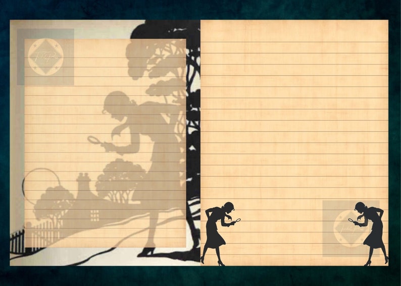 May include: A vintage-style lined paper background with a silhouette of a person holding a magnifying glass. The silhouette is partially obscured by a tree. There are two more silhouettes of people holding magnifying glasses at the bottom of the page.