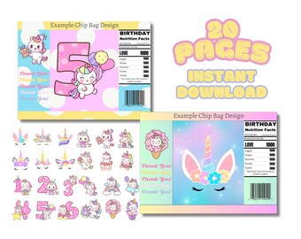 Pastel Birthday Unicorn Chip Bag Template (Instant Download)