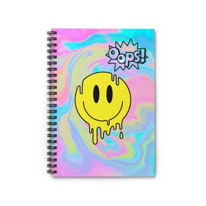 OoPs! - Y2K Style Notebook - Melty Happy Smiley Face - Pastel Watercolor - &#39;Oops&#39; Chat Bubble - Ruled Line Pages - 118 Pages