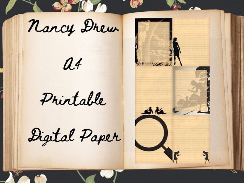 May include: A digital paper pack with a vintage book background featuring the text "Nancy Drew A4 Printable Digital Paper". The paper has a lined pattern and includes silhouettes of people and a magnifying glass.