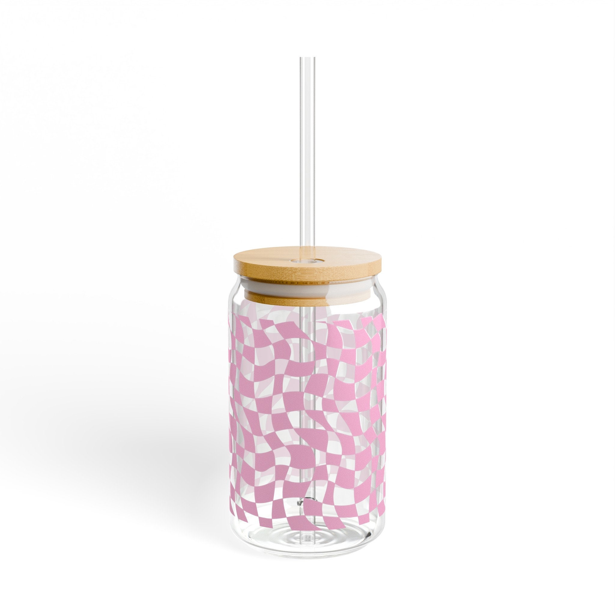 Wavy Groovy Pink Checkered Sipper Glass | 16oz Durable Clear Glass with Optional Bamboo Lid & Tritan Straw