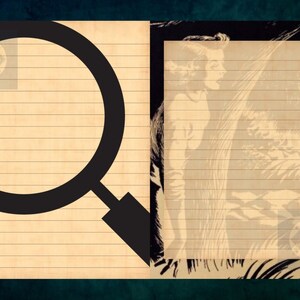 May include: A vintage-style lined paper journal with a black magnifying glass illustration on the left page and a black and white illustration of a woman on the right page.