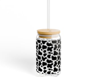 Cow Print Glass Sipper with Bamboo Lid | 16oz Tempered Glass