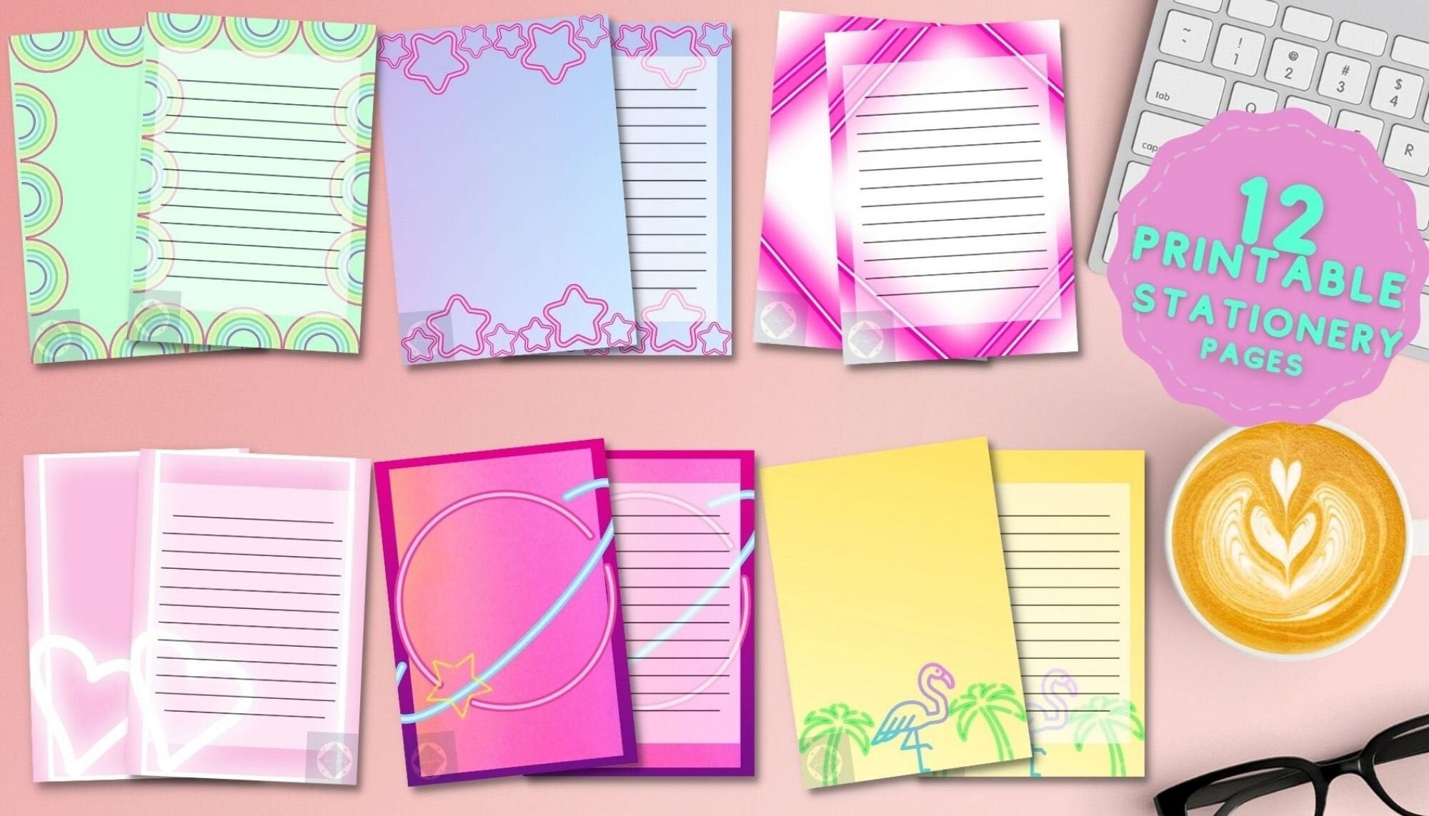 Retro Pastel, Neon, Printable Writing Paper] [digital Paper][printable ...