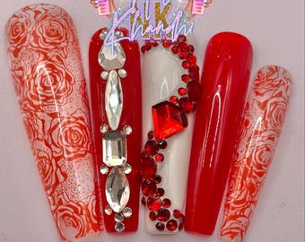 Red White Lace Presson Nails