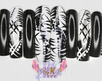 Luxury Handmade Black & White Abstract Press-On Nails - Exquisite Curved Square Design