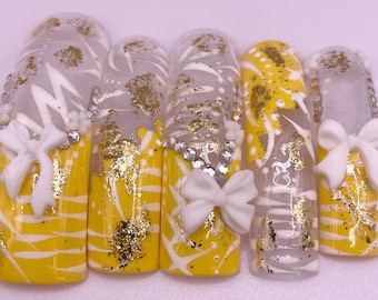 Luxury 90s White Yellow Press-On Nails - XXL Curved Square, Sunshine Swirl Design, Handmade