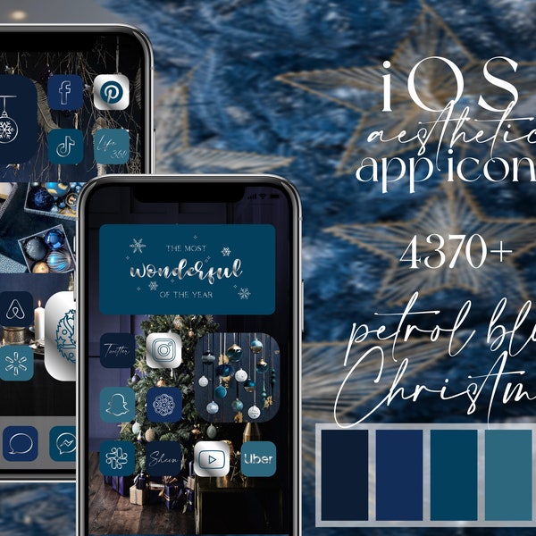 Petrol blue and silver Christmas iOS app icons, original Xmas pack, aesthetic blue Christmas homescreen - widgets and wallpapers petrol blue